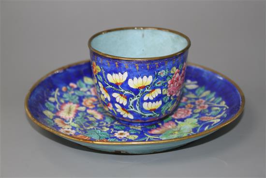A Chinese Canton enamel bowl or cup and saucer, Daoguang period (1821-50), bowl/cup 5.5cm high